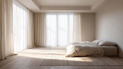 Minimalist bedroom interior featuring a cozy bed with soft bedding, large windows draped in sheer curtains allowing natural light to fill the space, creating a serene and inviting atmosphere
