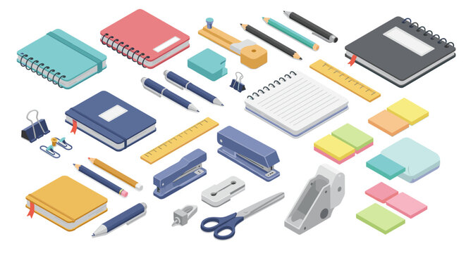 Stationery set for office and school supplies vector illustration, design for print and poster in isometric style