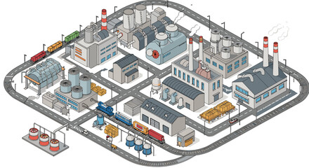 Industrial cityscape vector illustration: isometric factory complex for design projects