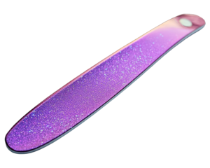 A long, rectangular nail file with a gradient of purple and pink hues,  sprinkled with glitter
