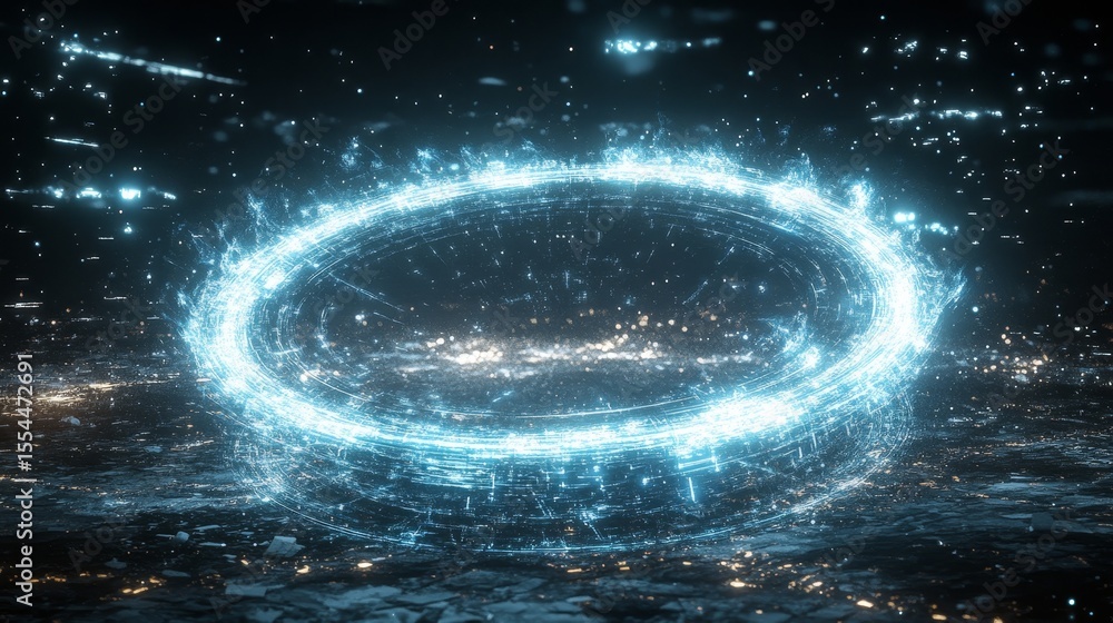 Poster futuristic network concept with glowing particle trails in a circular formation for sci-fi visuals