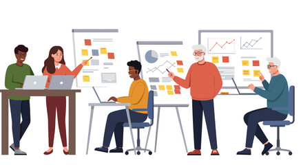 Business team meeting concept: flat vector illustration for office collaboration and strategy development