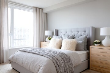Cozy modern bedroom featuring a plush gray bed with decorative pillows, soft blankets, wooden nightstands, and large windows allowing natural light to illuminate the serene interior space