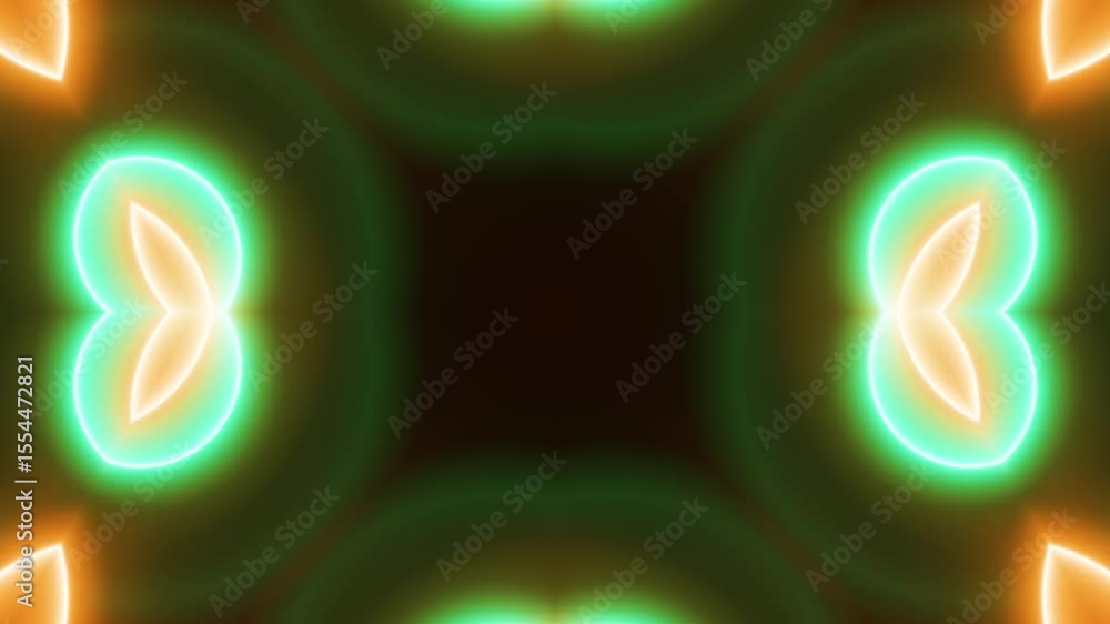 Poster neon light kaleidoscope pattern on dark background. seamless animation of glowing neon lines creatin