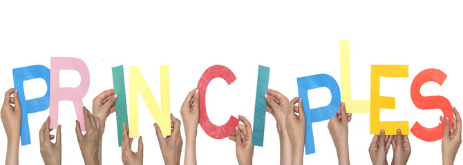 Hands Holding Colorful Letters Forming the Word Principles on White Background