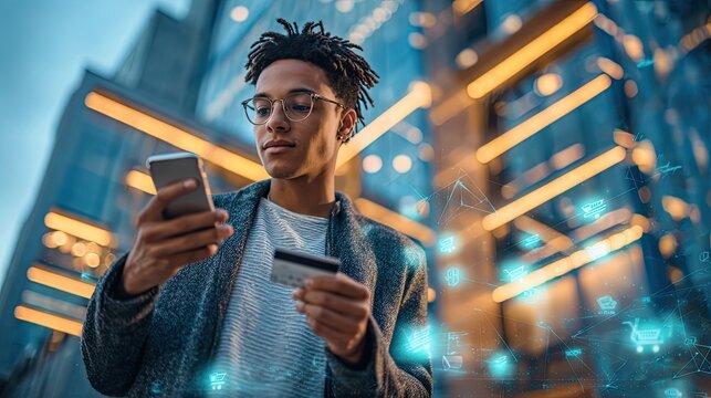 Millennial Man Using Phone and Credit Card for Online Shopping