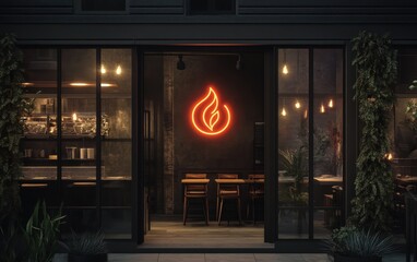 Restaurant entrance with flame neon sign