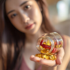 A young woman thoughtfully pours a mix of red and yellow soft gel capsules from a glass bottle into her hand, focusing on health, vitamins, and dietary supplements for a balanced lifestyle