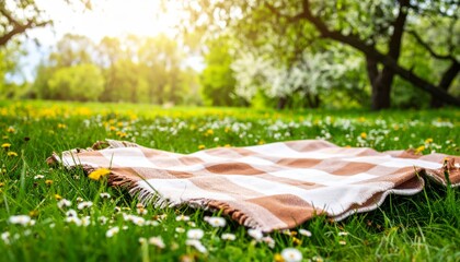A beautiful spring picnic in a colorful garden with blooming flowers and lush green grass