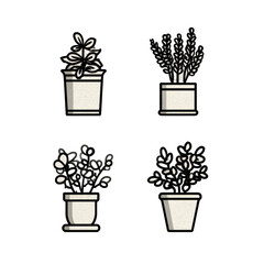 Four Hand-Drawn Potted Plants with Unique Designs for Interior Decoration and Gardening Inspiration