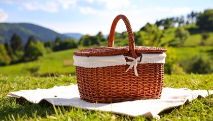 wicker picnic basket brimming with red apples and colorful flowers rests on the green grass, inviting a summer outdoor feast