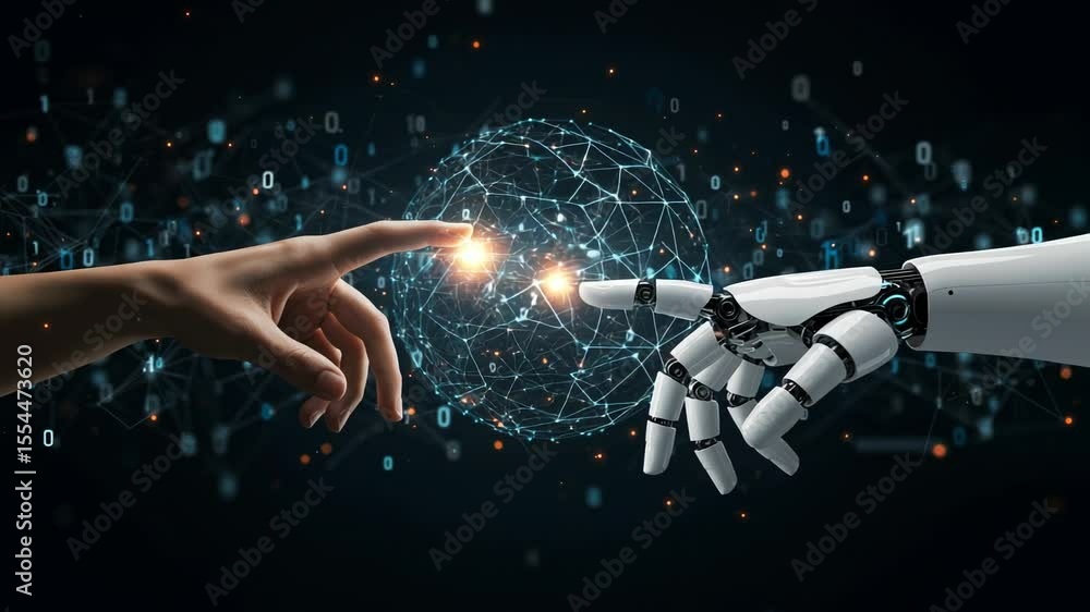 Poster human and robot hands reaching for a digital globe symbolize artificial intelligence and connection