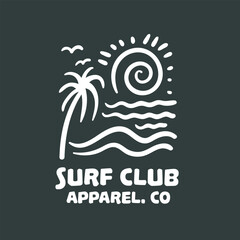 Vintage tropical line art with palm tree, sun, and ocean waves in retro 70s psychedelic style
