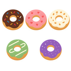 Flat Style Donut Set with Colorful Frosting and Toppings on Transparent Background