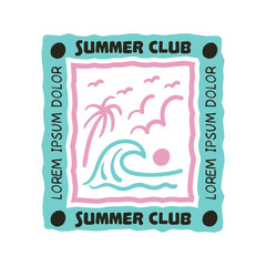 Vintage tropical line art with palm tree, sun, and ocean waves in retro 70s psychedelic style