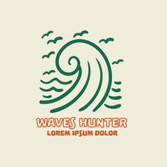 Obraz premium Vintage tropical line art with palm tree, sun, and ocean waves in retro 70s psychedelic style