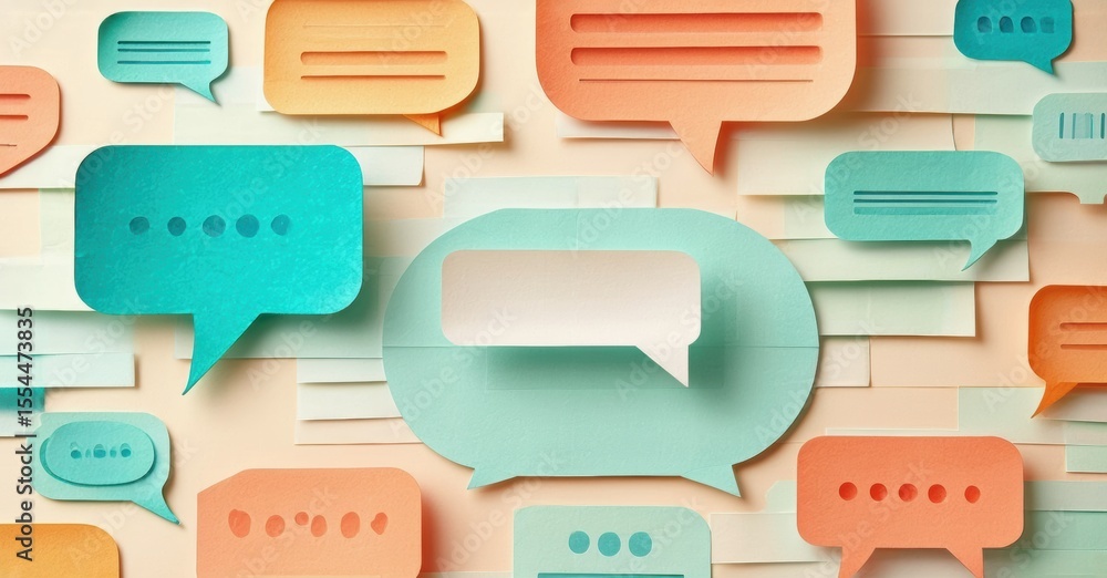 Poster paper speech bubbles form textured wall. pastel colors create soft, layered effect. communication co