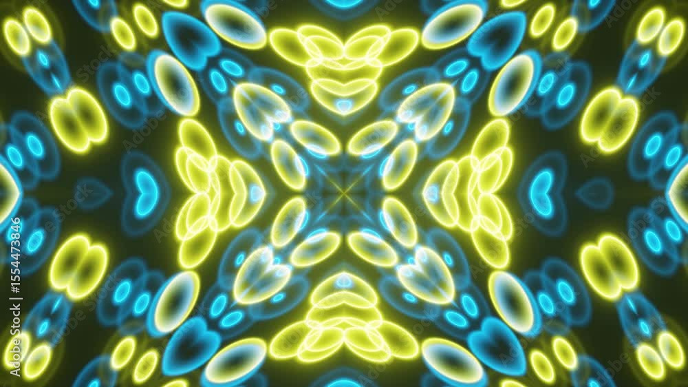 Poster dark background abstract neon kaleidoscope loop. center-focused neon lines creating seamless kaleido