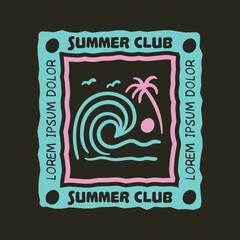 Vintage tropical line art with palm tree, sun, and ocean waves in retro 70s psychedelic style