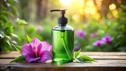 Green liquid dispenser bottle with pink hibiscus flower and leaves on wooden table