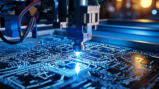Laser engraving of printed circuit boards in modern electronics manufacturing process, electronics industry, manufacturing design, technology business
