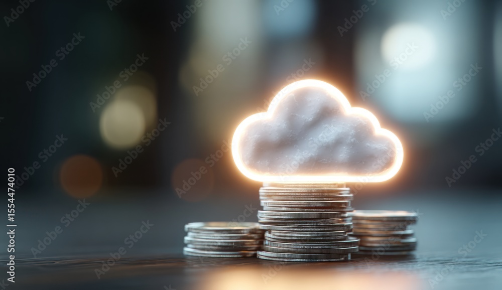 Poster illuminated cloud icon rests on stacked coins, representing the value and investment in digital tran