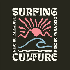 Vintage tropical line art with palm tree, sun, and ocean waves in retro 70s psychedelic style