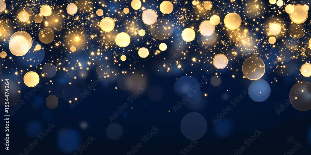 Aufkleber golden light shimmering particle shower on deep blue background with bokeh effects and sparkle