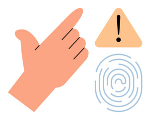 Hand pointing, yellow triangle with exclamation mark, and fingerprint outline suggest risk awareness, personal security, and authentication. Ideal for technology, privacy, security, caution risk