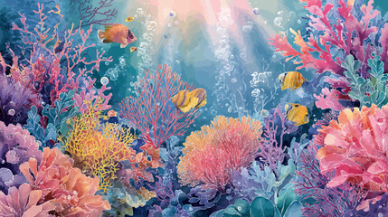 A vibrant, colorful tropical coral reef in the deep blue ocean, teeming with marine life and fish