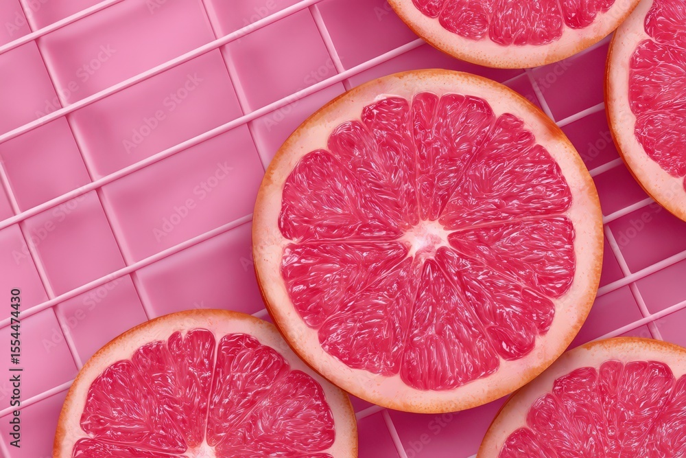 Poster close-up view of fresh pink grapefruit slices resting on a delicate pink grid background showcasing 