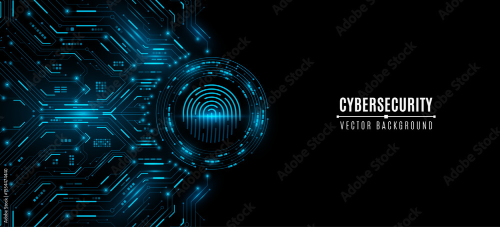 Poster hi-tech glowing fingerprint scanner on a digital circuit board background. futuristic biometric secu