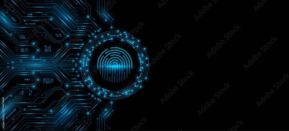 Poster futuristic glowing fingerprint scanner on a digital circuit board background. hi-tech biometric secu