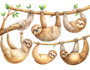 Set Watercolor Sloth Resting on Tree Limb – Hand-Painted Forest Animal Illustratio
