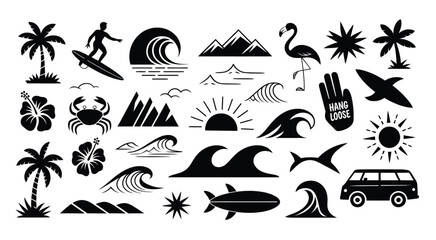Black and White Retro Surf and Tropical Icon Collection in Bold Silhouette Style, Vector Illustration