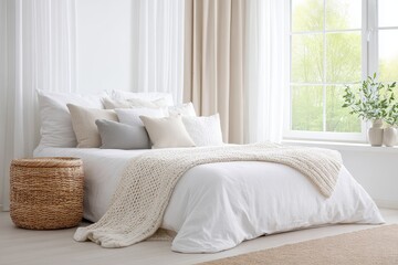 Cozy bedroom interior featuring a neatly made bed with white linens, decorative pillows, a woven basket, and large windows allowing natural light to illuminate the serene atmosphere and soft textures