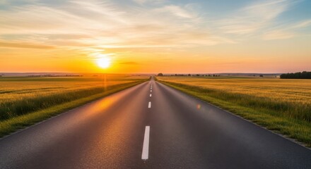 Fototapeta premium Long Empty Asphalt Road Leading Towards a Warm Sunset Over Fields