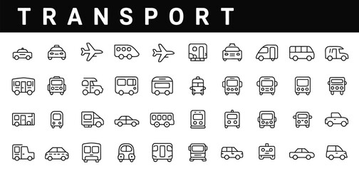 Black Line Transport Icon Set of 40 Vehicles and Travel Symbols in Clean Grid Layout, Vector Illustration