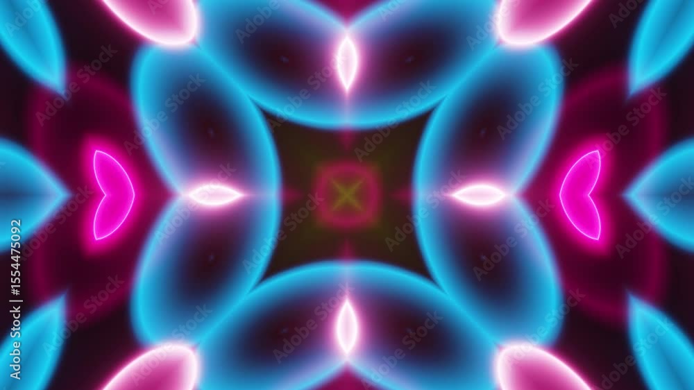 Poster neon kaleidoscope motion loop on black canvas. abstract seamless loop of glowing neon lines with kal