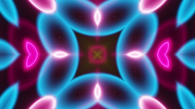 Neon Kaleidoscope Motion Loop on Black Canvas. Abstract seamless loop of glowing neon lines with kaleidoscopic symmetry