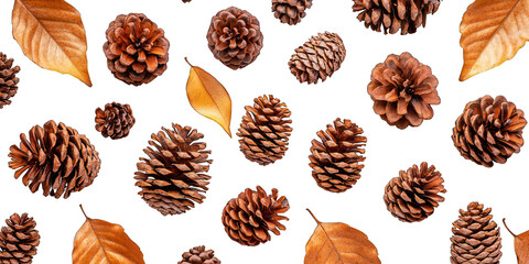 A pattern of  brown pine cones and golden leaves against a black background