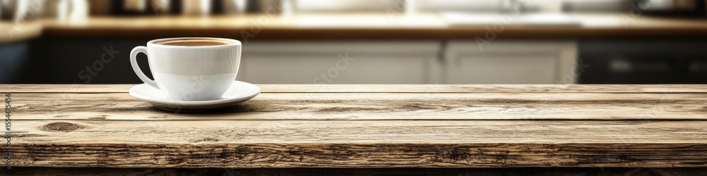 Poster cozy morning coffee on rustic table with soft light, perfect for text space and relaxing vibes