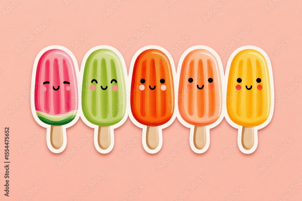 Poster colorful animated ice pops smiling cheerfully against a soft pink backdrop creating an inviting and 