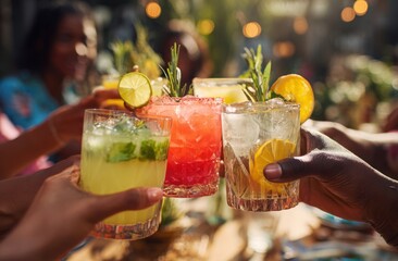 Joyful hands clink refreshing, vibrant cocktails during a sunlit outdoor celebration with friends