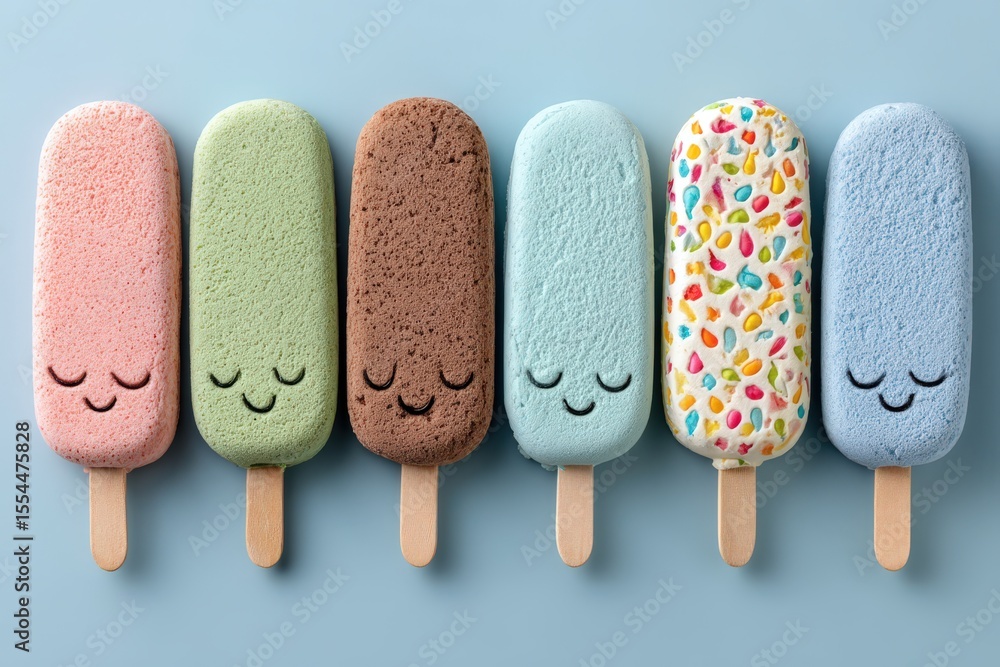 Poster delightful array of colorful ice pops showcasing playful expressions in a whimsical dessert display 