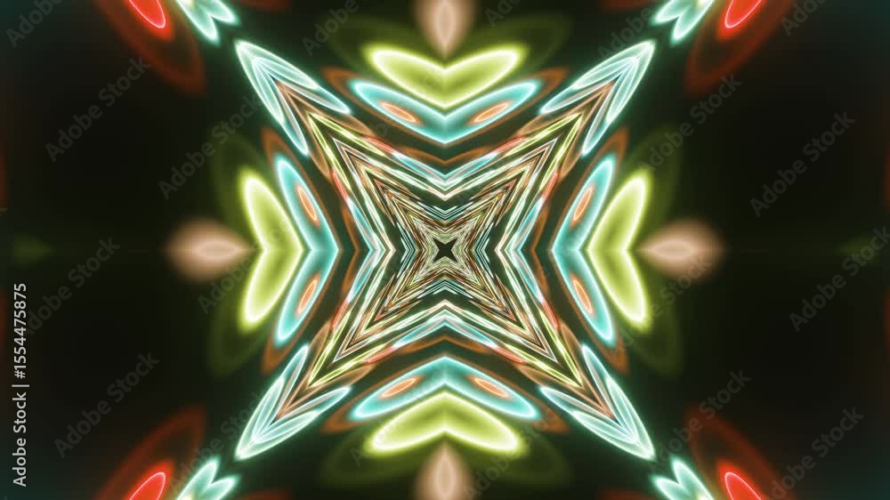 Poster animated neon line kaleidoscope pattern seamless loop. bright neon lines in repeating kaleidoscope a