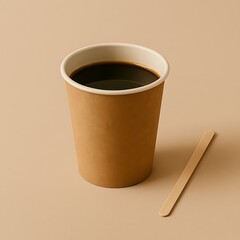 A cup of dark coffee in a paper cup beside a wooden stir stick on a simple studio setup.