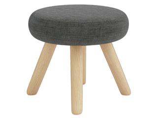 A round, upholstered stool with four simple wooden legs