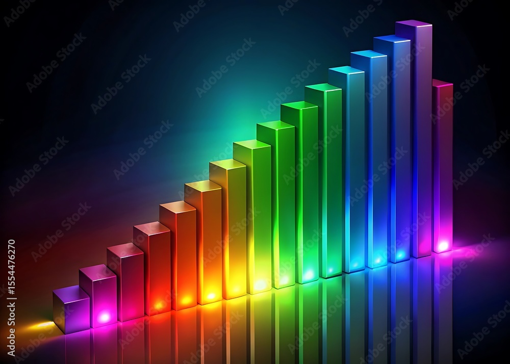 Poster rainbow colored bar graph showing increasing data on a reflective surface