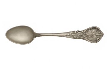 Antique silver spoon with ornate handle isolated on transparent background, perfect for design projects related to dining, history, or vintage aesthetics
